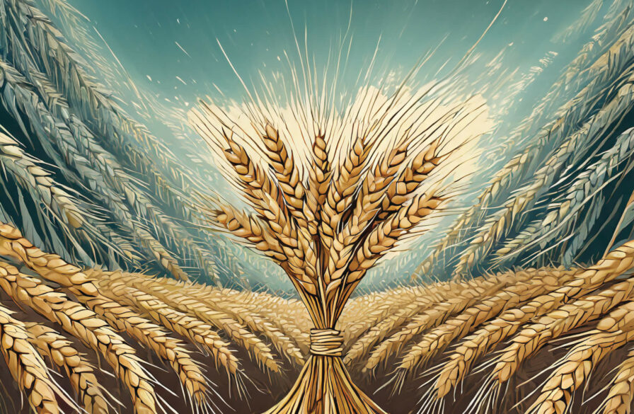 Sheaves of wheats bowing to one sheave of wheat. Generated by Adobe Firefly/Photoshop