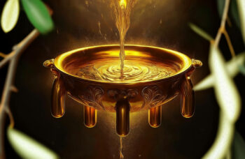 An illustration of the golden oil in the bowl as described by Zechariah 4 (Adobe Firefly)