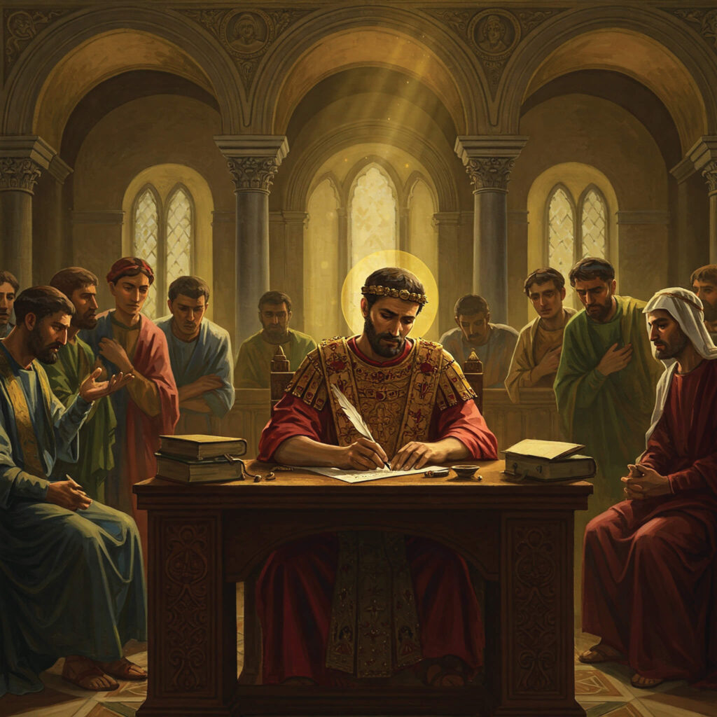 Illustration of Constantine writing letters to the church voicing his concerns. (AI Generated image)