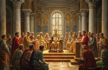 An illustration of the Council of Nicaea in 325 AD meet to discuss Christendom. (AI Generated image)