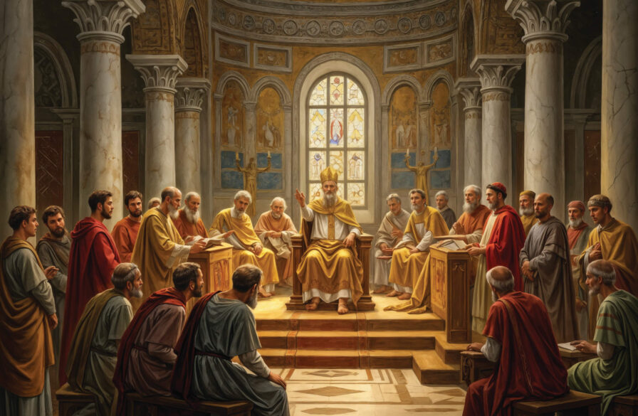 An illustration of the Council of Nicaea in 325 AD meet to discuss Christendom. (AI Generated image)